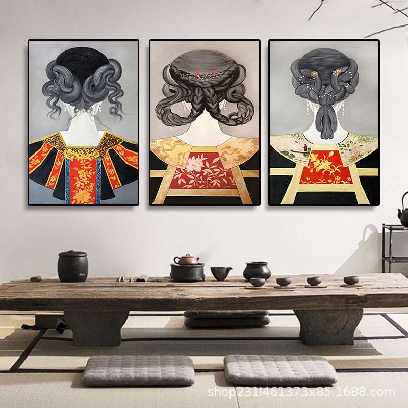 中式客厅餐厅装饰画古典美女茶室清朝民俗服饰壁画中国风饭店挂画图片