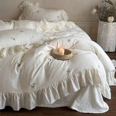 法式公主风花边刺绣a类双层纱全棉四件套亲肤透气床上用品家纺