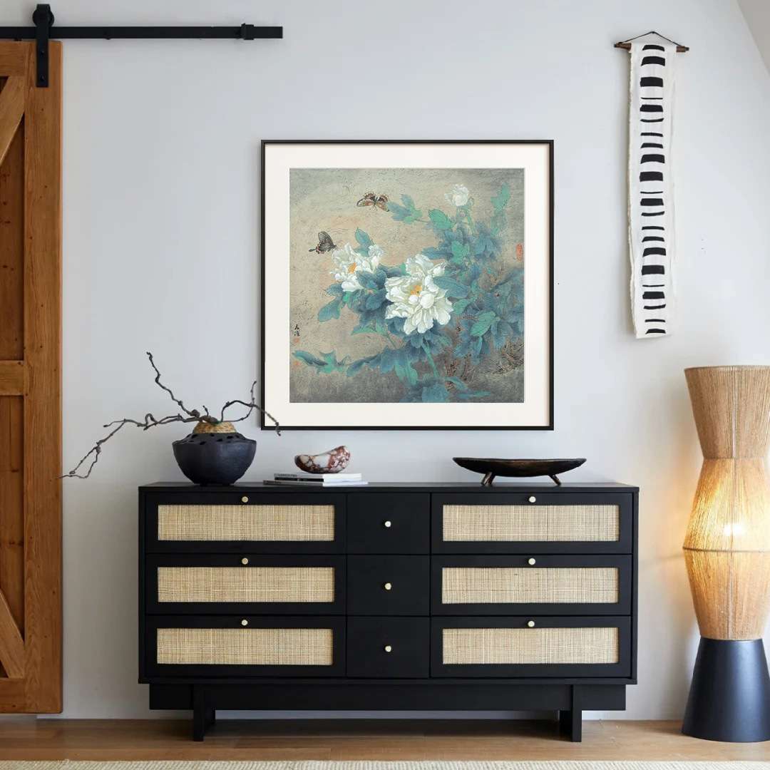 新中式牡丹花装饰画中古风玄关沙发背景壁画书房卧室床头花卉挂画图片