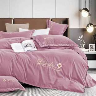 家纺磨毛纯色四件套刺绣带边床单绣花蚕丝锦棉被套床上品套件