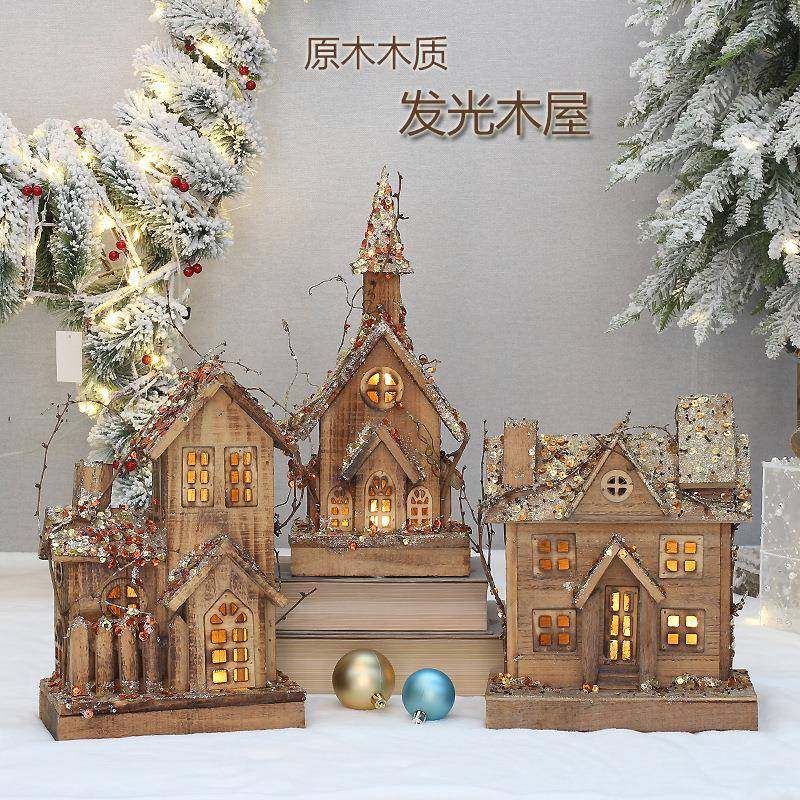 圣诞节装饰品原木木质发光小木屋亮片小房子桌面装饰场景布置摆件