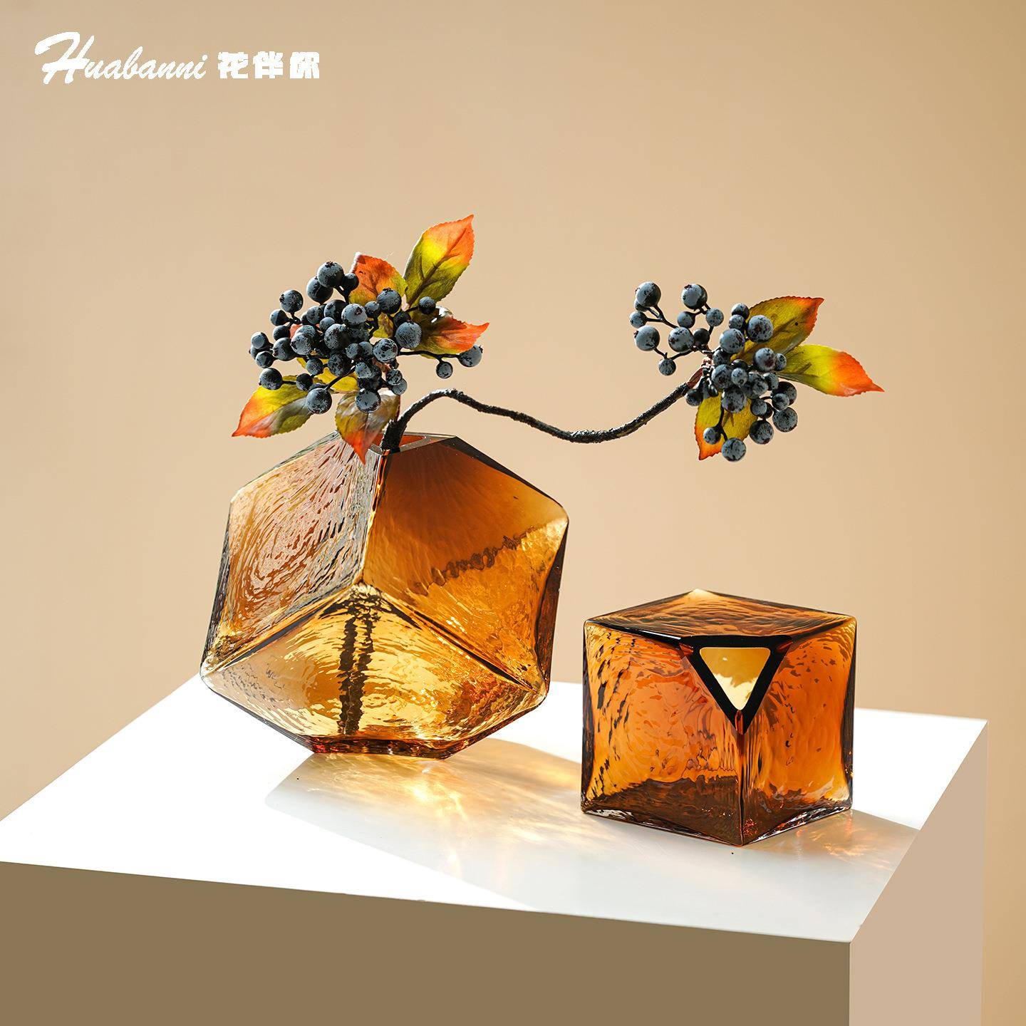 凹面魔方形水培玻璃花瓶家居软装插花工艺品几何花瓶摆件彩色玻璃