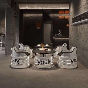 工业风油桶沙发创意酒吧卡座奶茶店机车休息区铁艺茶几桌椅组合