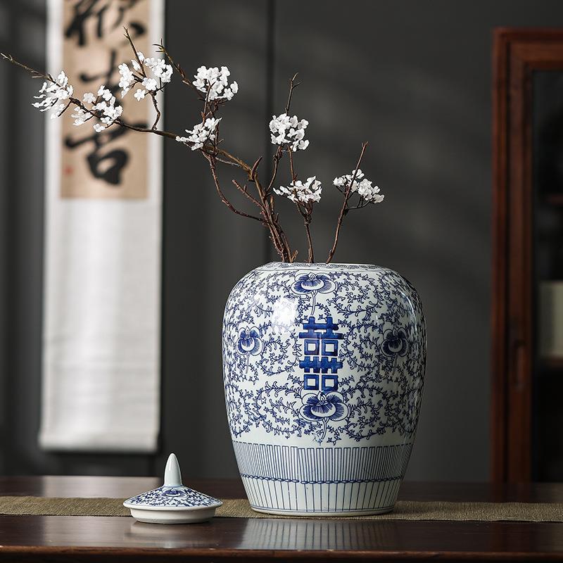 青花瓷喜字罐陶瓷花瓶摆件新中式陶瓷花瓶客厅书房陶瓷摆件结婚