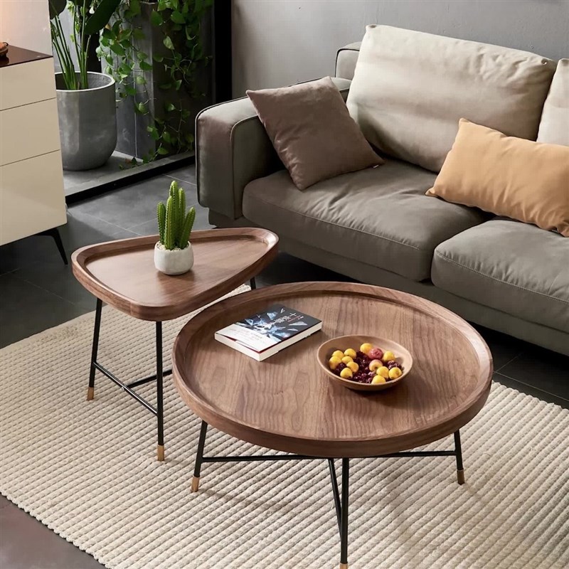 北欧胡桃木茶几圆形边几客厅铁艺茶桌现代M简约小户型大小组合家