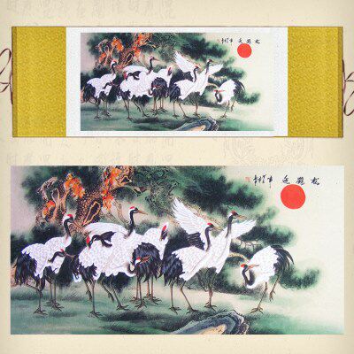 画丝绸卷轴画客厅办公室装饰画仙鹤松树祝寿国画横幅松鹤延年挂画