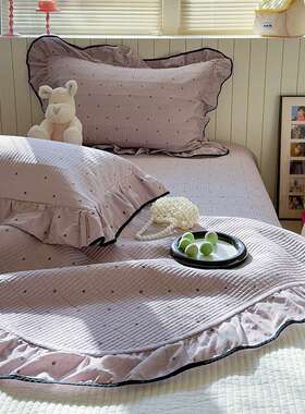 少女心花边款紫色床盖韩式风双面纯色Ａ类夹棉大炕防滑床单不移