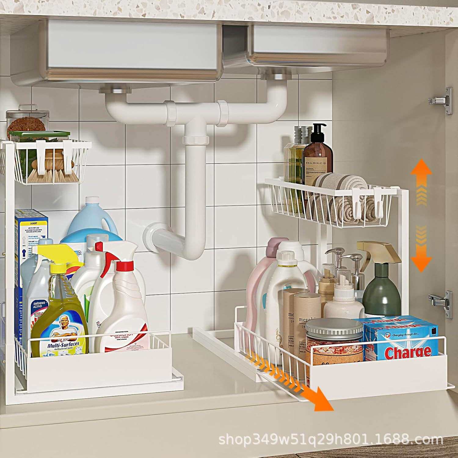 下水槽收纳厨房置物架橱柜调料架可调节高低抽拉L型下整理架储物