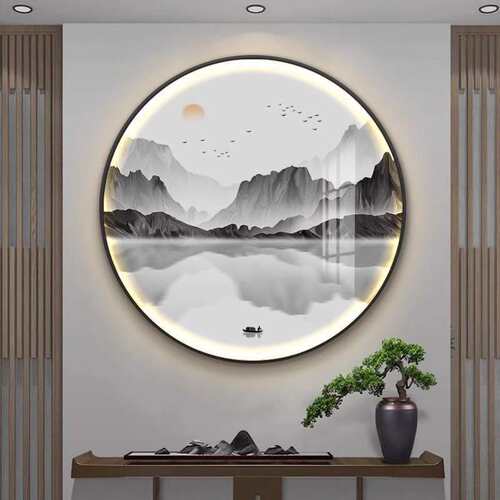 壁灯新中式玄关高端装饰画山水禅意茶室挂画LED发光灯画圆形壁画