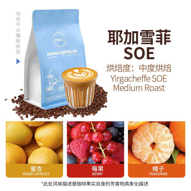 埃塞俄比亚SOE耶加雪菲水洗处理法中度烘焙咖啡店意式咖啡豆454g