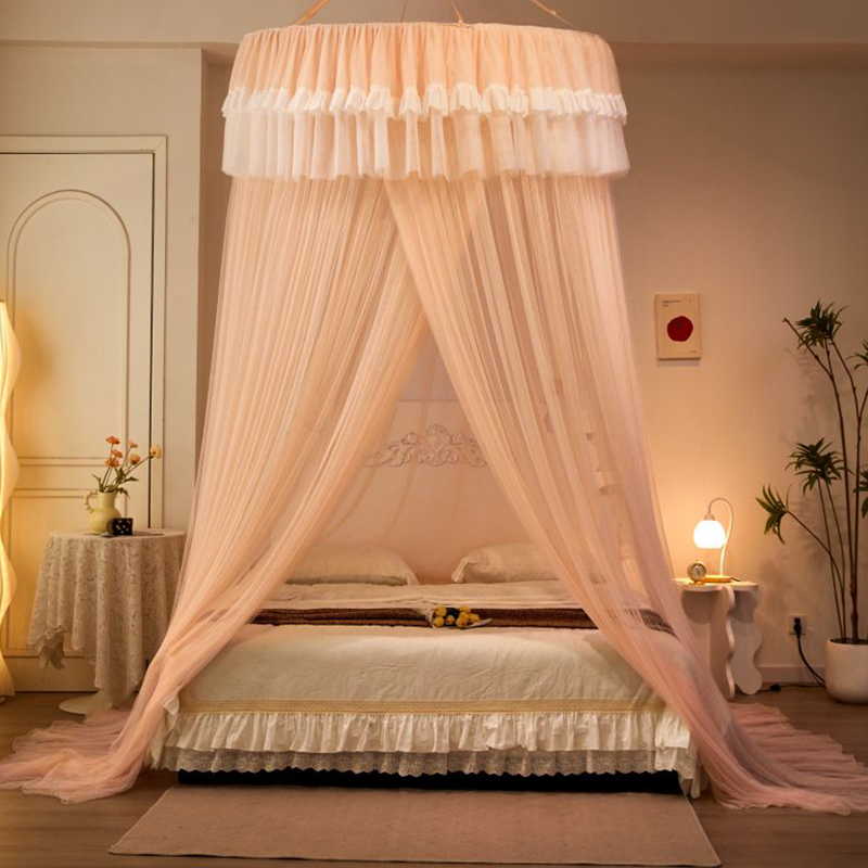 2024新款免安装吊顶式s蚊帐家用公主风吊挂式落地床幔加密圆顶纹