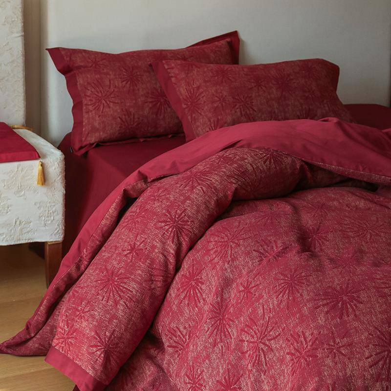 60S无染色加密~新中式立体浮雕大红色结婚庆提花全棉四件套纯棉