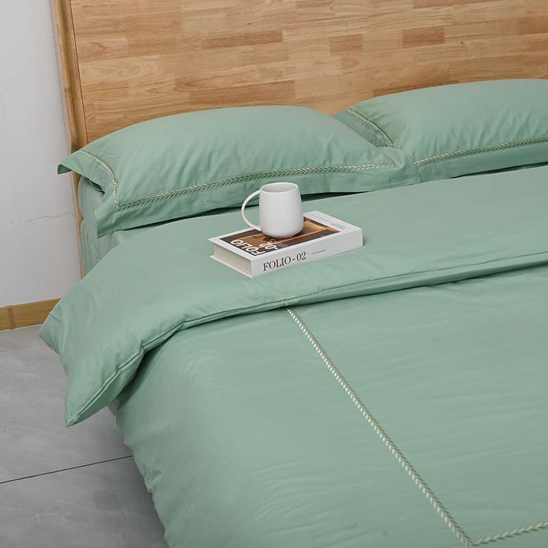 50支纯棉磨毛四件套秋冬季加厚重工刺绣纯色长绒棉被套床单