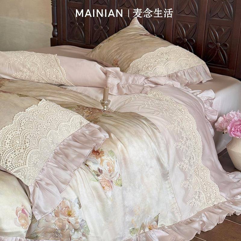 法式复古风100支全棉磨毛四件套秋冬浪漫花卉加厚纯棉被套1.8床品