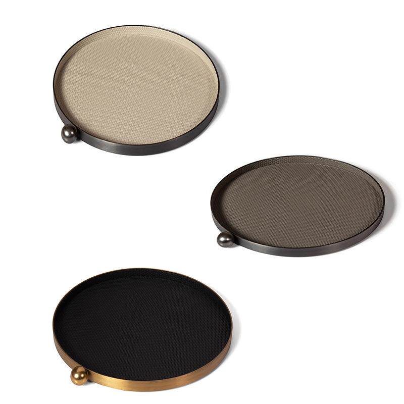 现代轻奢单点圆珠托盘样板间餐厅客厅家居金属皮革收纳圆盘装饰品