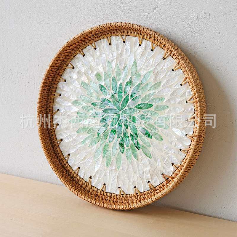 彩色贝壳贴片越南秋藤编织收纳盘桌面茶盘水果盘装饰盘置物圆盘