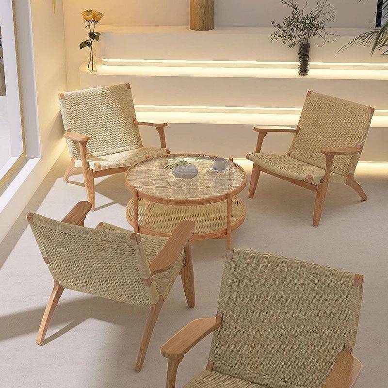 中古风咖啡店编绳实木椅网红甜品店奶茶店休息区洽谈接待桌椅组合