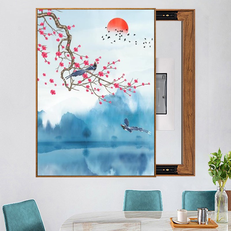 木纹电表箱装g饰画免打孔新中式客餐厅电表盒电闸箱遮挡配电箱挂