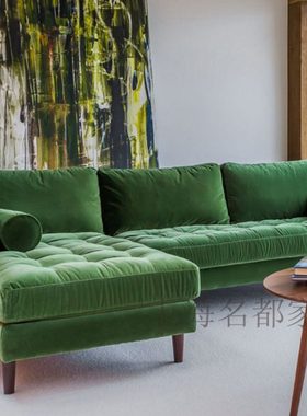 欧式多人位转角沙发 后现代绿色绒布L型沙发小户型简约沙发定做