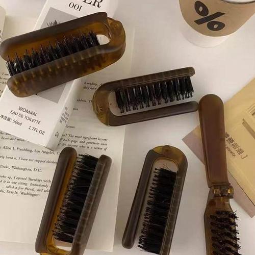 折叠猪毛鬃梳子女士防静电不伤头发随身外带小巧便携款旅行顺发梳