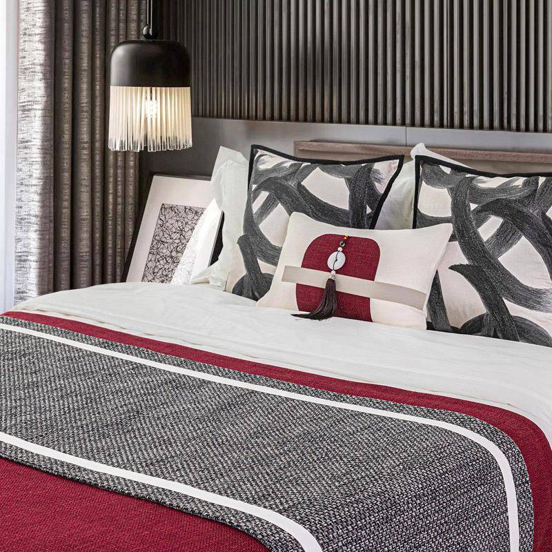 新中式样板房床旗抱枕套酒店民宿床上套件床尾巾靠枕腰枕红色黑色