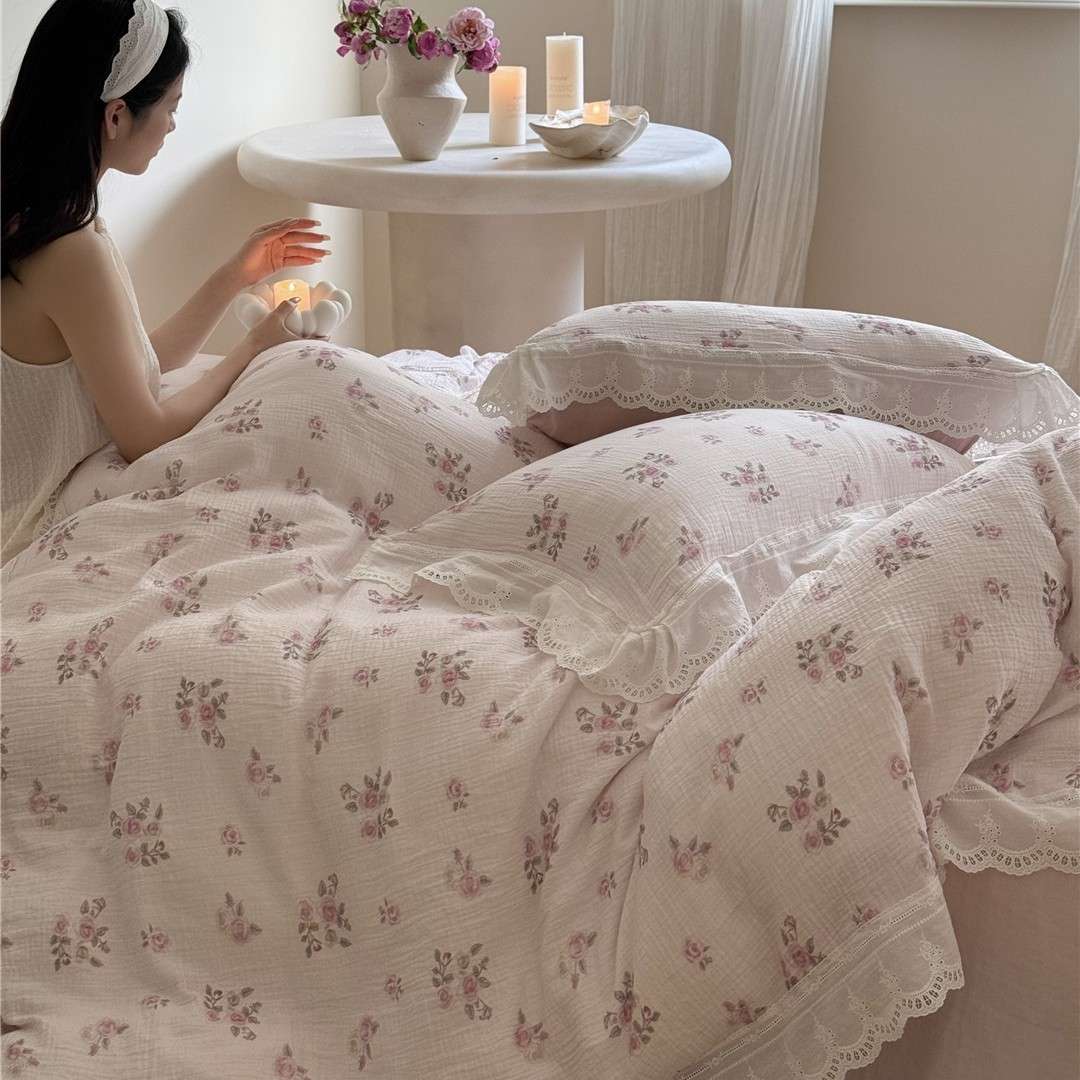 法式田园风小碎花超柔亲肤柔软寝具床品超柔云雾纱纯棉四件套家纺