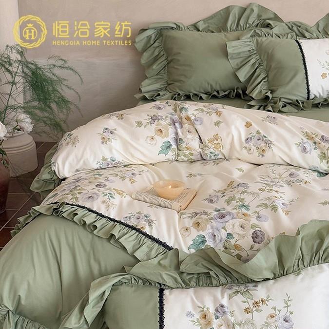 法式复古风高支全棉四件套花卉印花纯棉荷叶边被套床上用品绿紫色