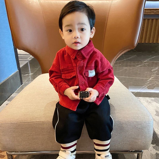 新年拜年服儿童宝宝韩版新潮洋气灯芯绒衬衣上衣男童加绒长袖衬衫