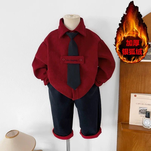 男童加绒衬衫冬款2026新款韩版儿童加厚领带衬衣外套宝宝拜年衣服