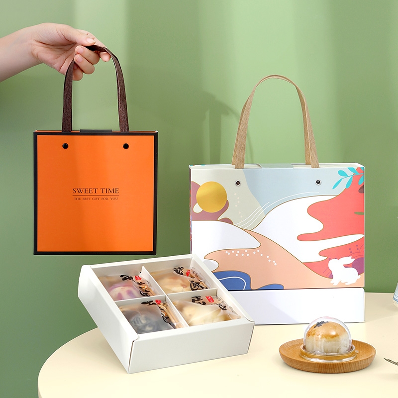 中秋手提月饼盒烘培包装盒蛋黄酥橙色纸盒L4粒6粒雪花酥圆形礼盒