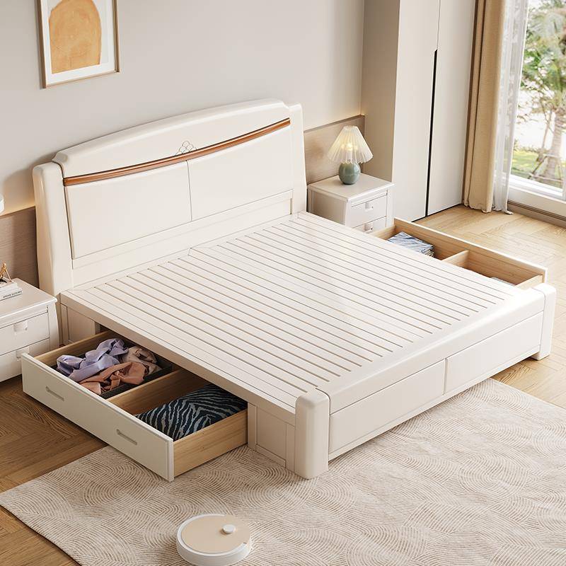 现代简约白色实木床1.8米主卧双人床1.5中式橡木床经济型储物婚床