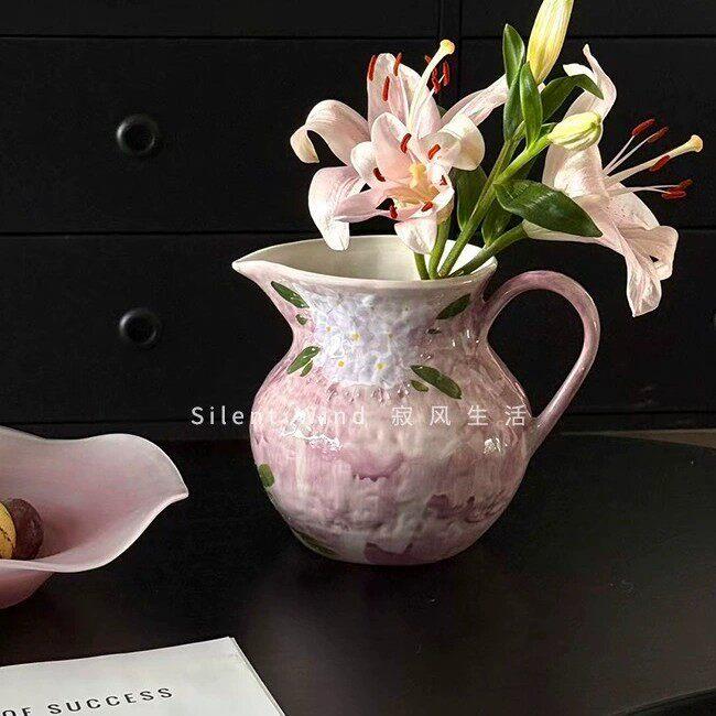 寂风浅粉复古手绘陶瓷花摆件客厅插鲜花仿真花器摆件