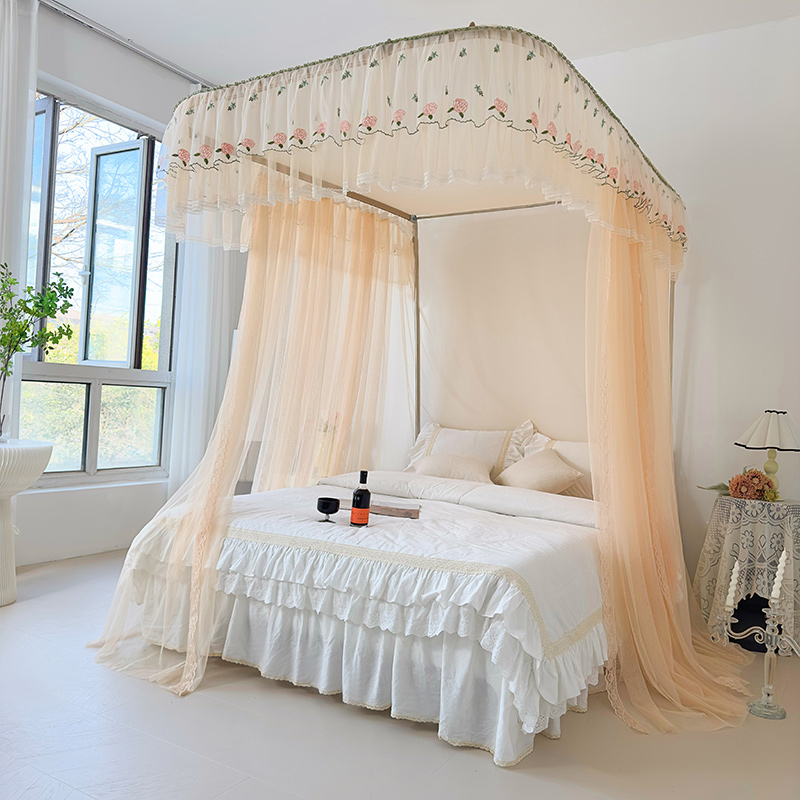 新款可升降导轨蚊帐家用公主风u型轨道I三开门加厚不锈钢落地支架