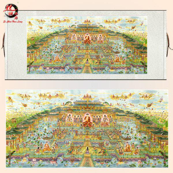 西方极乐世界 西方净土全景图 西方三圣丝绸画 横幅供奉挂画