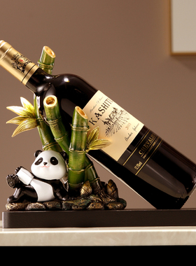 新中式卡通熊猫竹j子红酒架子酒柜装饰品摆件客厅电视柜家居工艺