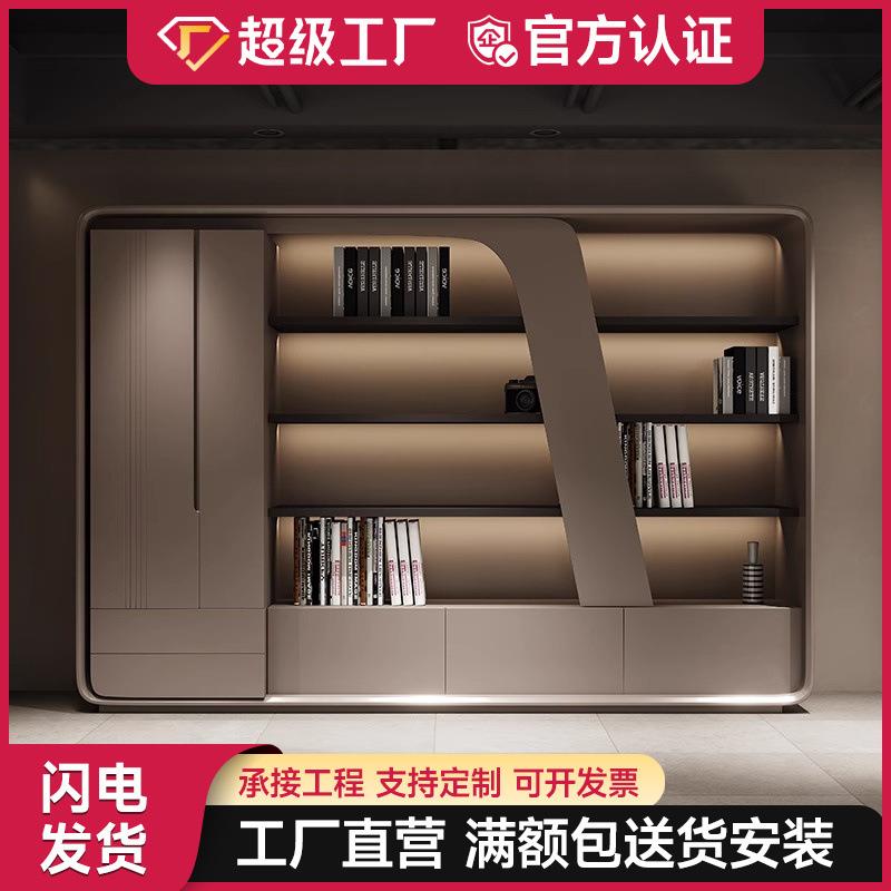 办公室老板办公桌背景柜文件柜木质展示书柜灯带设计靠墙落地柜子