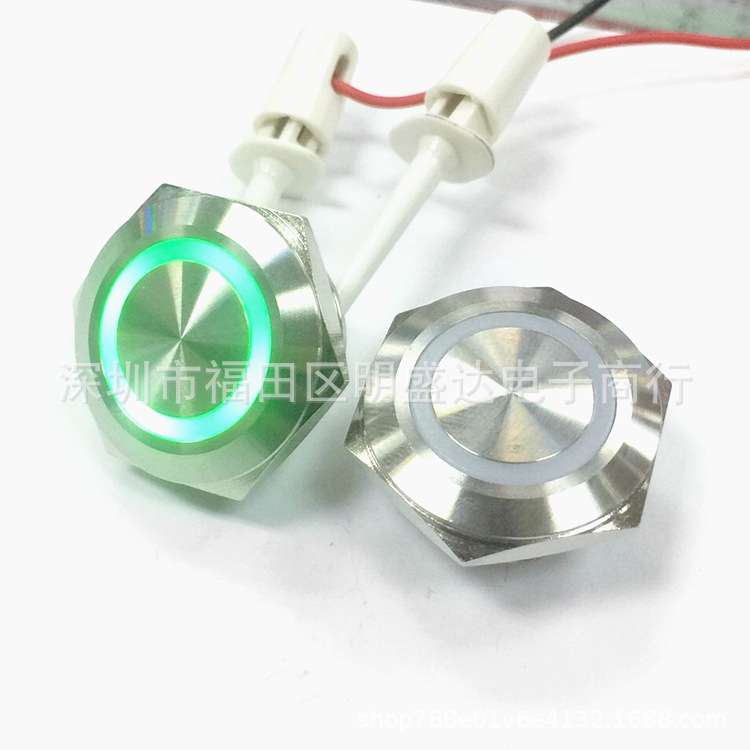 22mm金属按钮开关 平头 常开1NO 带灯 4脚 自复位不锈钢 轻触式