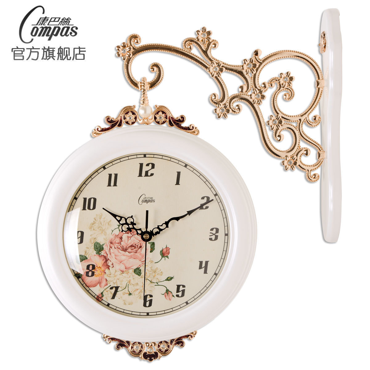 康巴丝欧式钟表双面挂r钟客厅两面钟静音创意钟表复古田园石英钟