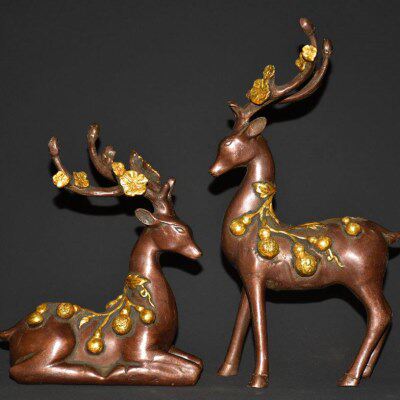 古玩玄关装饰福鹿梅花鹿一对鎏收藏纯铜金礼品家居礼品摆件贺寿