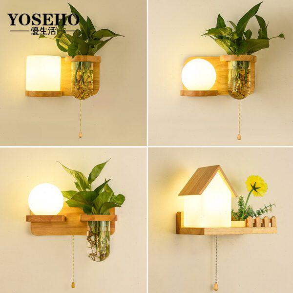 过道装饰绳绿植创意室内实木拉北欧简约物卧室床开关壁灯头灯酒店