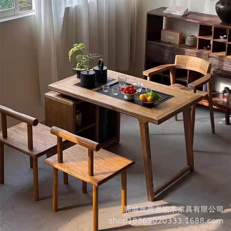 新中式老榆木茶桌长方形s老门板办公桌椅实木小户型待客喝茶桌茶