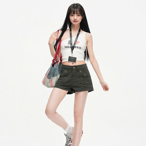 美式辣妹风军绿色牛仔短