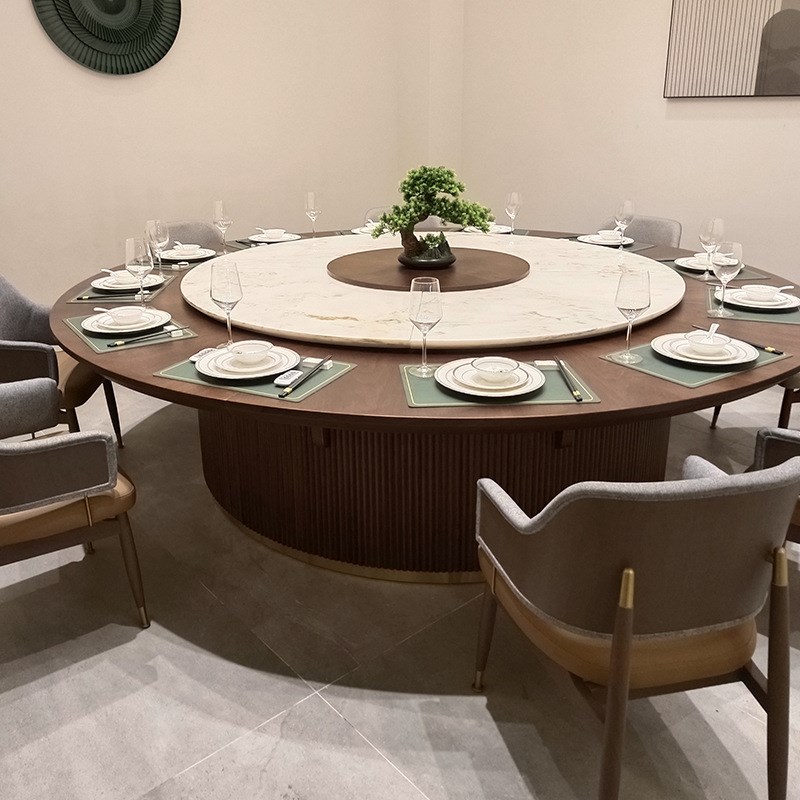 酒店餐桌电动大圆桌岩板餐桌16/18/20人新中式S饭店包厢旋转火锅