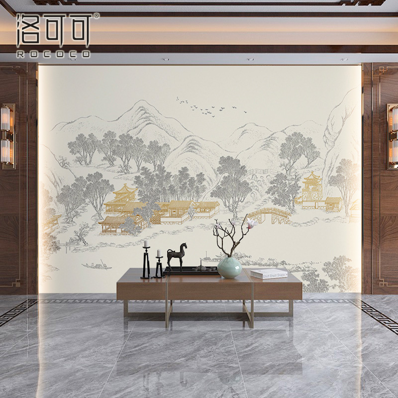 新中式山水楼阁壁纸中国风墙布酒店民宿硬包背R景墙壁画客餐厅壁