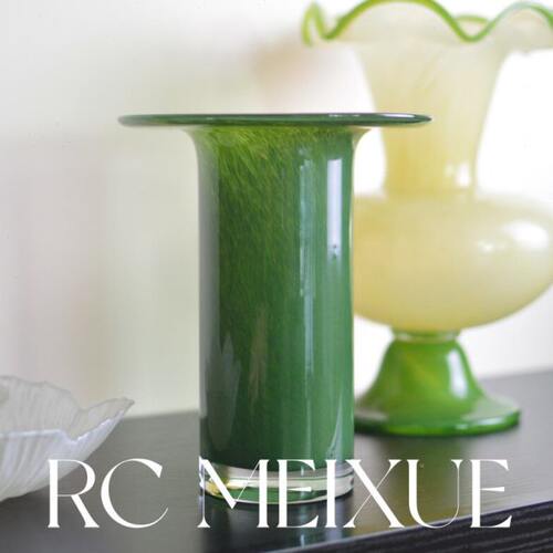 新中式高级翠绿大平口鲜花玻璃花瓶家居水培插花客厅餐桌花器摆件