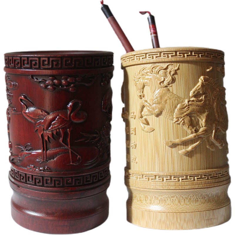 大容量竹浮雕笔筒书房收纳盒摆件复古F创意桌面办公送老师朋友礼