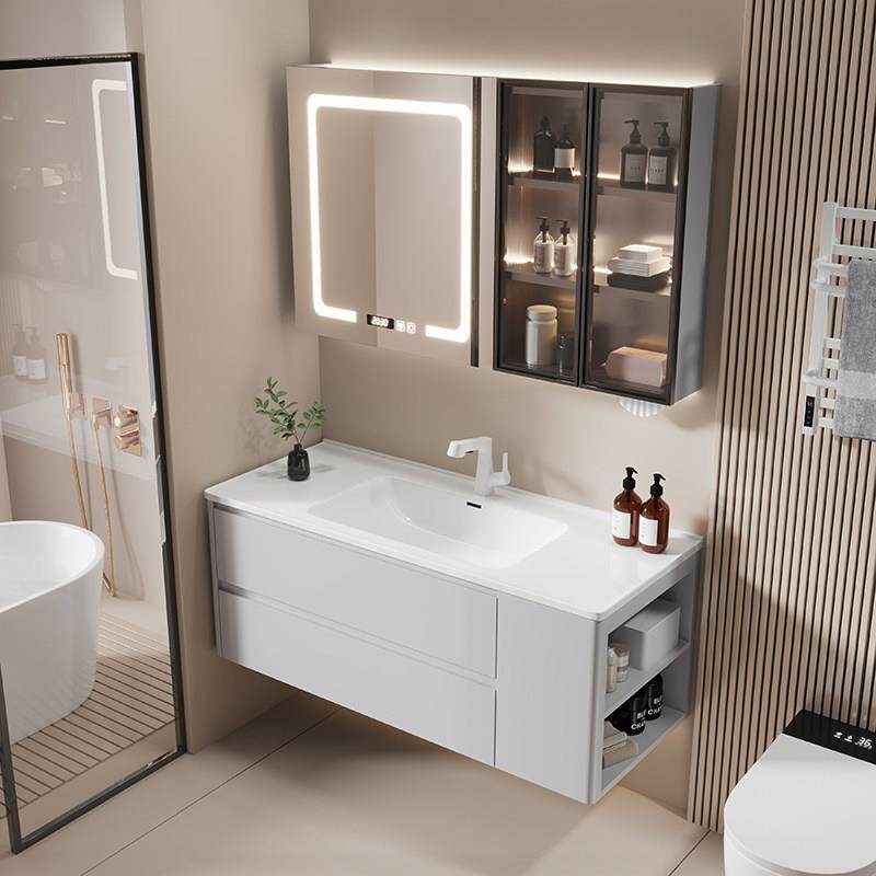 侧边收纳圆弧不锈钢蜂窝铝浴室柜组合陶瓷一体盆卫生间洗脸洗漱台