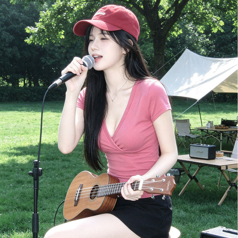 多巴胺上衣修身显瘦V领短袖女夏季性感辣妹正肩套头绝美短款T恤