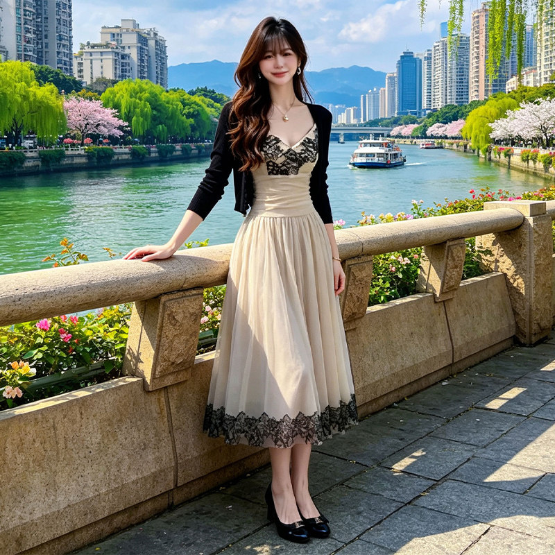 千金风网纱吊带连衣裙开衫两件套女夏季海边度假纯欲蕾丝长裙子