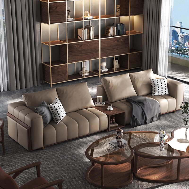 实木真皮沙发头层黄牛皮直排组合钢琴H键北美黑胡桃木客厅家具现